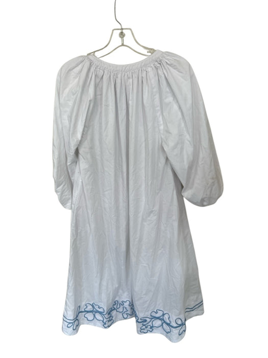 Lake Size XS White & Sky Blue Cotton Blend Embroidered Design V Neck Midi Dress White & Sky Blue / XS