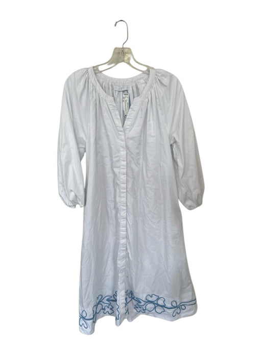 Lake Size XS White & Sky Blue Cotton Blend Embroidered Design V Neck Midi Dress White & Sky Blue / XS