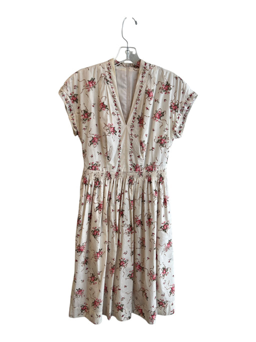 Gal Meets Glam Size 2 Cream, Pink & Brown Cotton Lined Floral V Cut Dress Cream, Pink & Brown / 2
