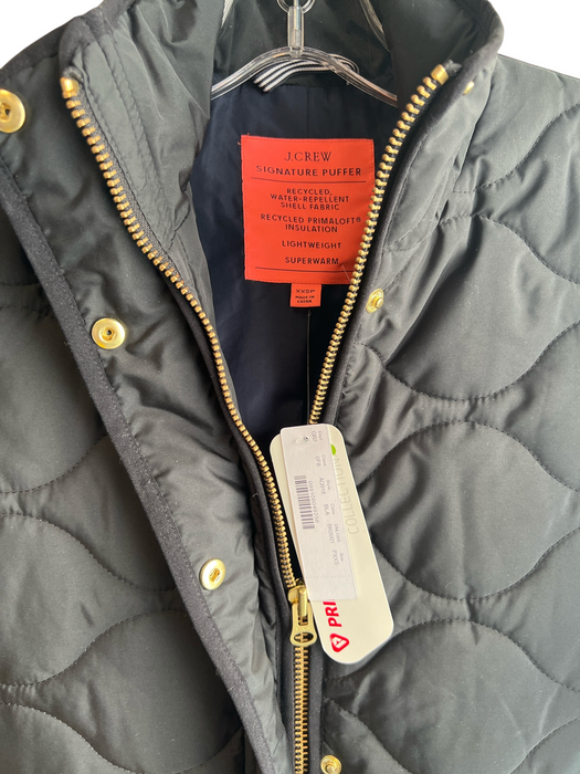J Crew Black Polyester Puffer High Neck Zip & Button Gold Hardware Coat Black / XXS