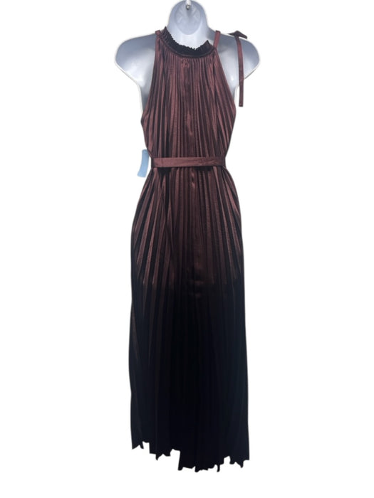 Ulla Johnson Size 4 Burgundy Polyester Satin Pleated Tie Neck Maxi Dress Burgundy / 4
