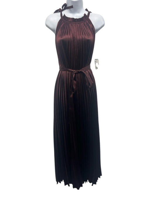 Ulla Johnson Size 4 Burgundy Polyester Satin Pleated Tie Neck Maxi Dress Burgundy / 4