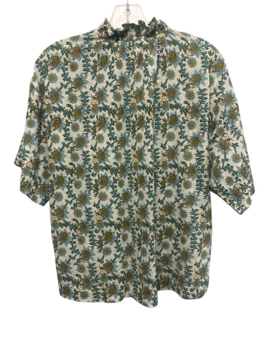 XiRENA Size XS Green, Blue, Yellow Cotton Ruffle Trim Floral V Neck Top Green, Blue, Yellow / XS