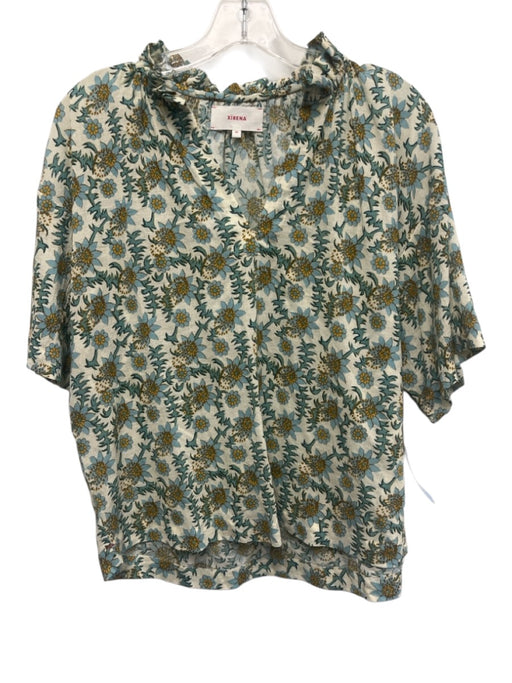 XiRENA Size XS Green, Blue, Yellow Cotton Ruffle Trim Floral V Neck Top Green, Blue, Yellow / XS
