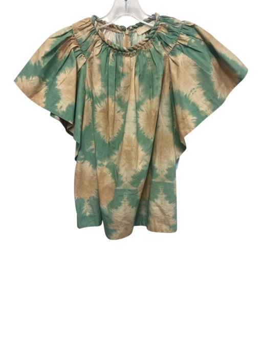 Ulla Johnson Size 4 Green & Tan Cotton Gathered Tie Dye Twist Neck Top Green & Tan / 4