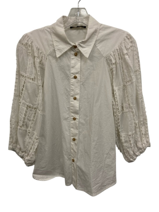 Caballero Size S White Cotton Crochet Detail Button Down Collar Top White / S