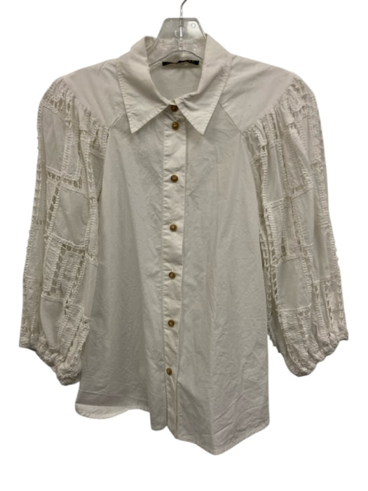Caballero Size S White Cotton Crochet Detail Button Down Collar Top White / S