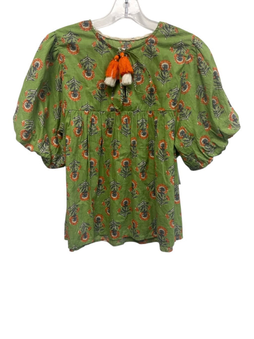 THML Size S Green, orange, & gray Cotton Block Printed Flowers Puff Sleeve Top Green, orange, & gray / S