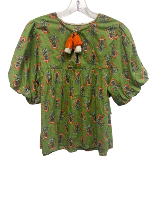 THML Size S Green, orange, & gray Cotton Block Printed Flowers Puff Sleeve Top Green, orange, & gray / S