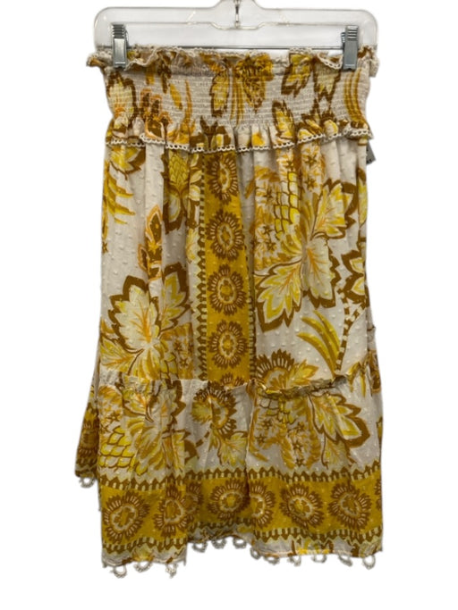 Farm Rio Size S Yellow, Cream, Brown Cotton Swiss Dot Floral Shirred Waist Skirt Yellow, Cream, Brown / S