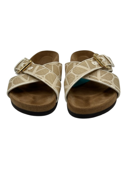 Valentino Shoe Size 37 White, Tan & Gold Leather & Canvas Buckle Slide Sandals White, Tan & Gold / 37