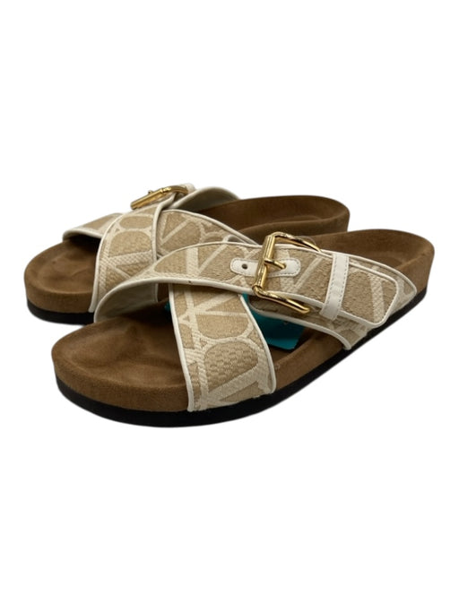 Valentino Shoe Size 37 White, Tan & Gold Leather & Canvas Buckle Slide Sandals White, Tan & Gold / 37