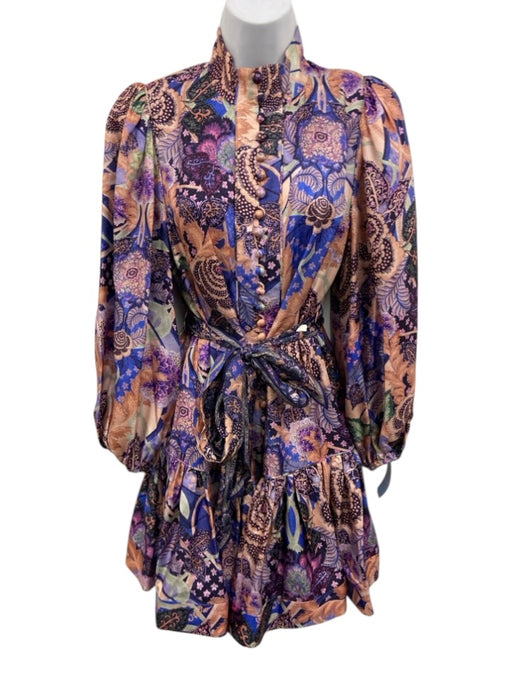Zimmermann Size S/M Purple, Orange, Blue Silk High Neck Mixed Floral Dress Purple, Orange, Blue / S/M
