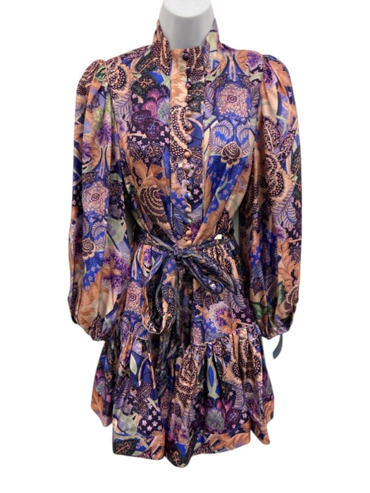 Zimmermann Size S/M Purple, Orange, Blue Silk High Neck Mixed Floral Dress Purple, Orange, Blue / S/M
