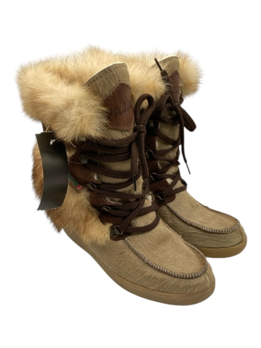 Pajar Shoe Size 38 Brown & Beige Cowhide Ponyhair Almond Toe Laces Fox Fur Boots Brown & Beige / 38