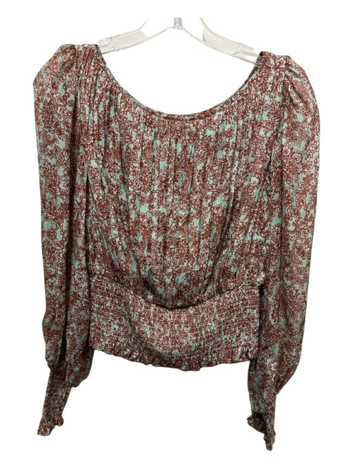 AMUR Size M Turquoise & Brown Silk Gathered Smocked Hem Long Balloon Sleeve Top Turquoise & Brown / M