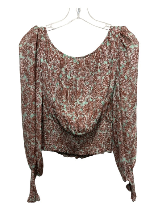 AMUR Size M Turquoise & Brown Silk Gathered Smocked Hem Long Balloon Sleeve Top Turquoise & Brown / M