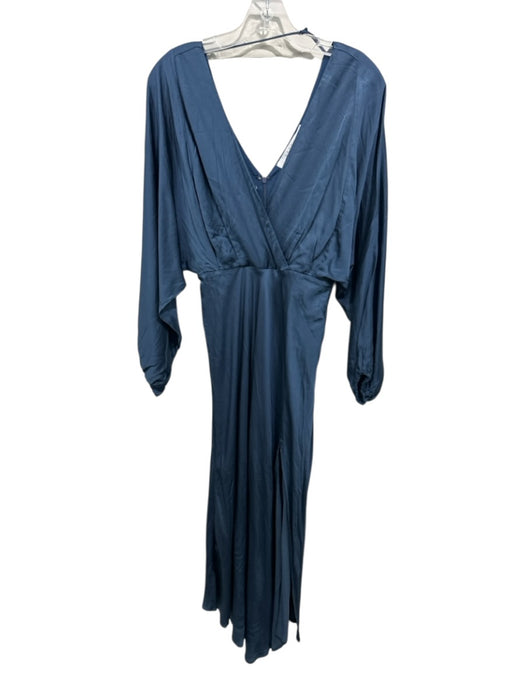 ASTR Size XS Blue Viscose Satin Long Balloon Sleeve Wrap V Neck Front Slit Dress Blue / XS