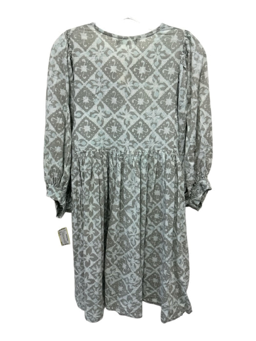 Dolma Size M Taupe Gray & Blue Cotton Abstract Print 3/4 puff sleeve Dress Taupe Gray & Blue / M