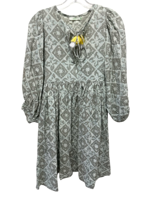 Dolma Size M Taupe Gray & Blue Cotton Abstract Print 3/4 puff sleeve Dress Taupe Gray & Blue / M