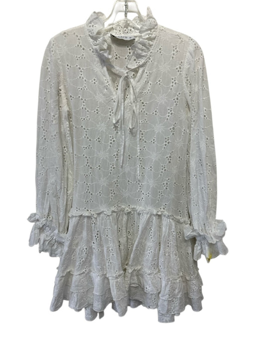 KLEID Size XS White Eyelet Lace Long Puff Sleeve Ruffle Tie Neck Dress White / XS