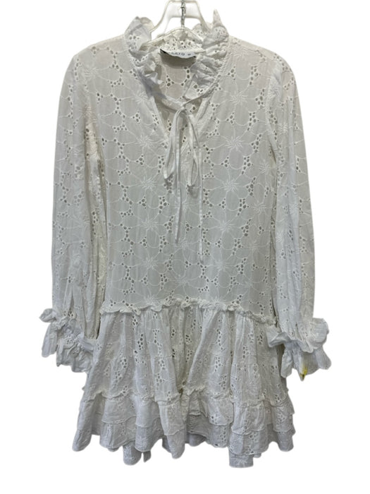 KLEID Size XS White Eyelet Lace Long Puff Sleeve Ruffle Tie Neck Dress White / XS