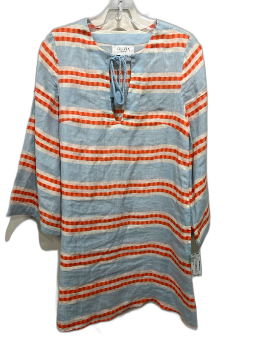 Olivia by Livro Size XS Blue, Orange & White Linen Striped Long Sleeve Dress Blue, Orange & White / XS