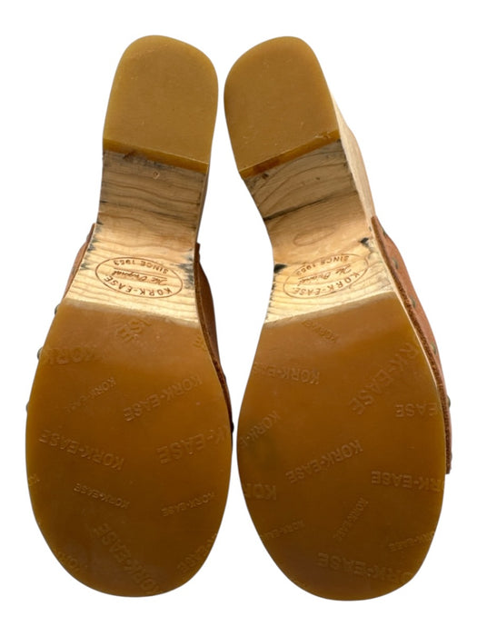 Kork-Ease Shoe Size 7 Beige & Brown Leather Wood Base Brass Studs Clog Mules Beige & Brown / 7