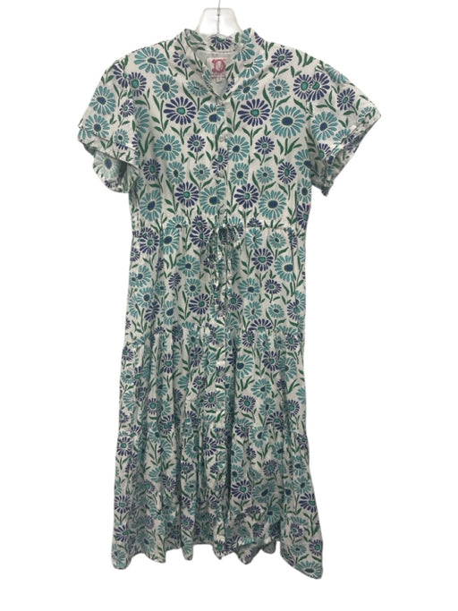 Victoria Dunn Size Small Blue, Green, White Cotton Short Sleeve Floral Dress Blue, Green, White / Small