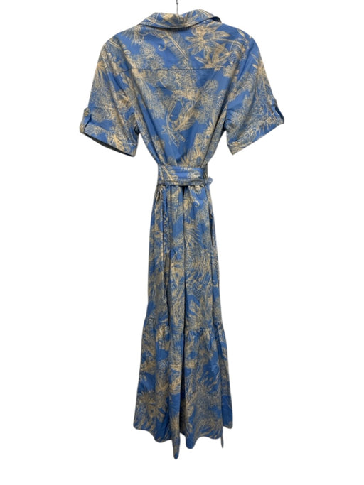 1. State Size S Blue & Beige Cotton Leaves Short Cuffed Sleeves Midi Dress Blue & Beige / S