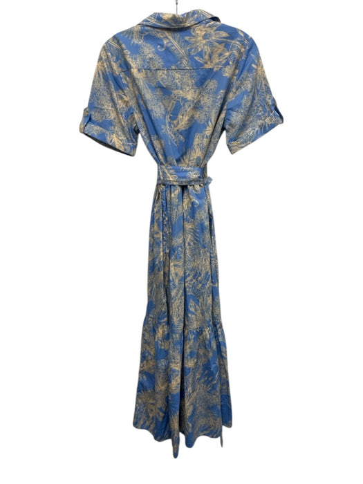 1. State Size S Blue & Beige Cotton Leaves Short Cuffed Sleeves Midi Dress Blue & Beige / S