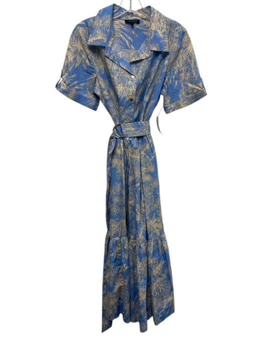 1. State Size S Blue & Beige Cotton Leaves Short Cuffed Sleeves Midi Dress Blue & Beige / S