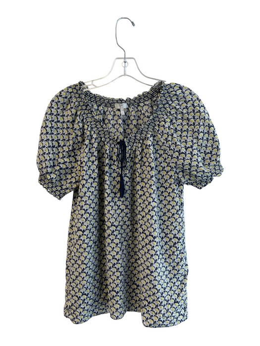 Joie Size M Blue & Yellow Silk Short Sleeve V Neck Tassel Tie neck Top Blue & Yellow / M