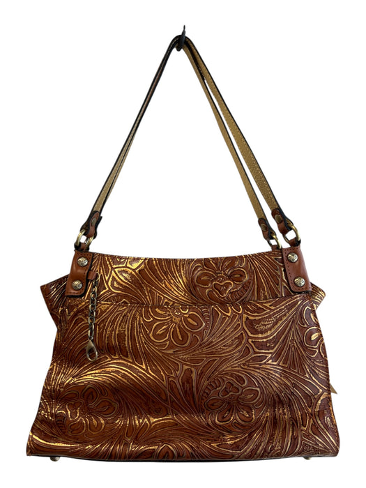 Patricia Nash Brown Leather metalic Floral Print Zip closure Bag Brown / M