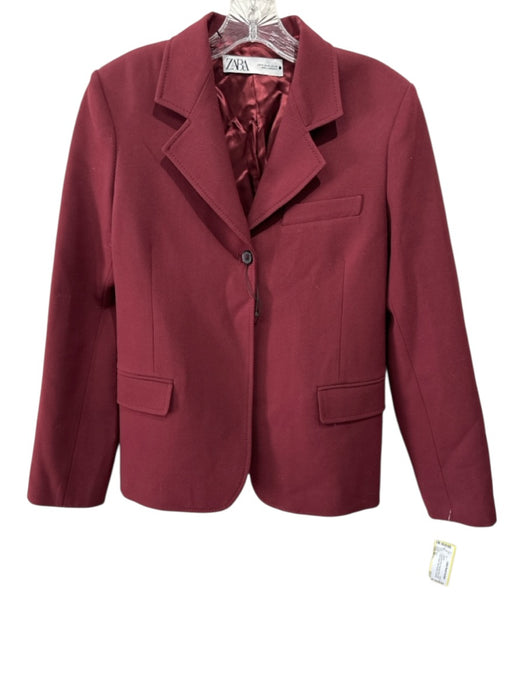 Zara Size M Burgundy Red Polyester Blend Open Front Lapel Flap Pockets Jacket Burgundy Red / M