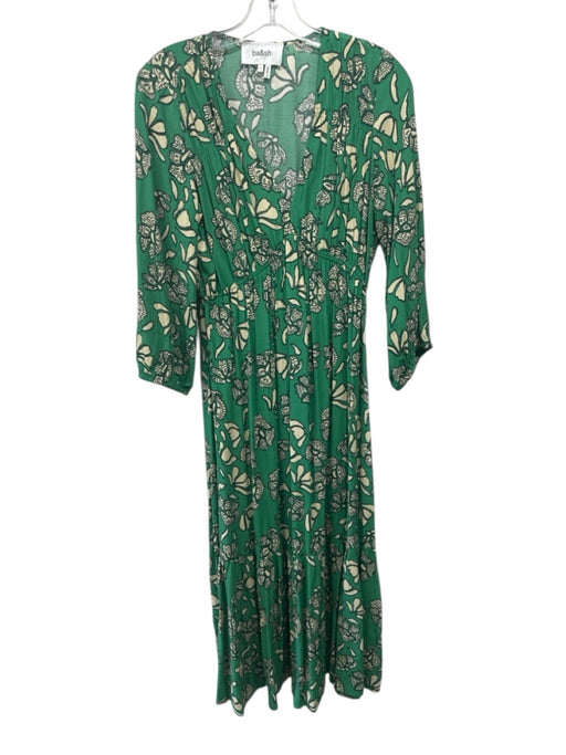Ba&sh Size S Green & Beige Viscose 3/4 Sleeve Abstract Print V Neck Midi Dress Green & Beige / S