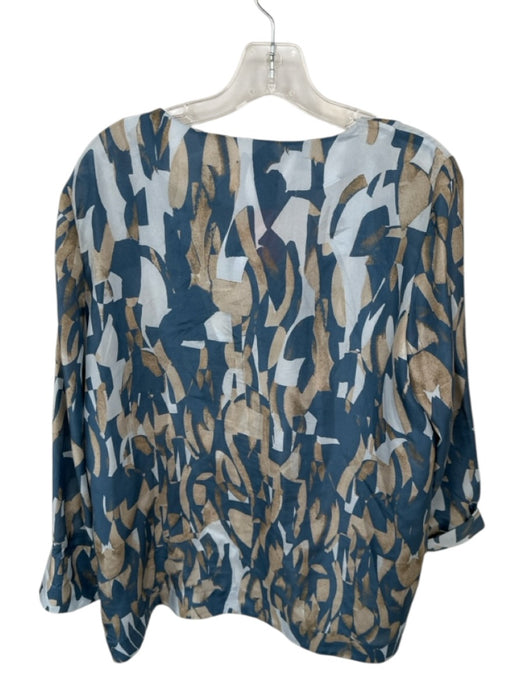 Lafayette 148 Size L Blue & Tan Silk Long Sleeve Abstract Split Neck Top Blue & Tan / L