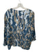 Lafayette 148 Size L Blue & Tan Silk Long Sleeve Abstract Split Neck Top Blue & Tan / L