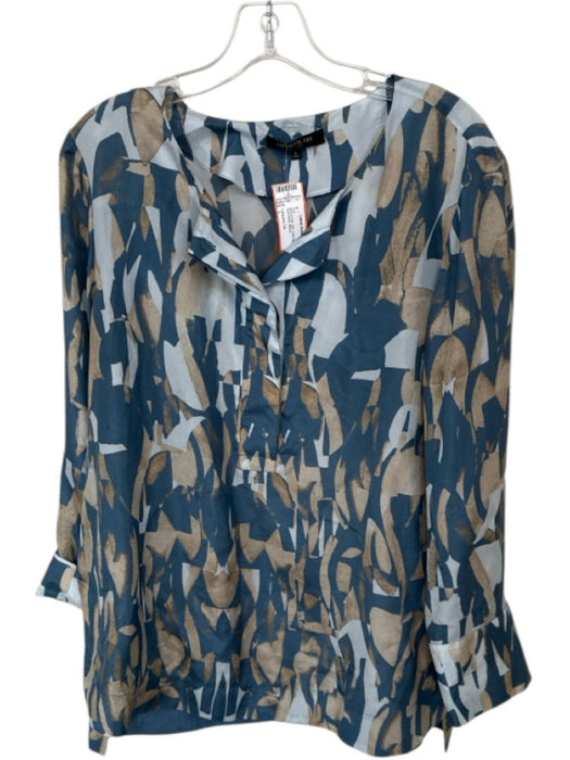 Lafayette 148 Size L Blue & Tan Silk Long Sleeve Abstract Split Neck Top Blue & Tan / L