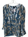 Lafayette 148 Size L Blue & Tan Silk Long Sleeve Abstract Split Neck Top Blue & Tan / L
