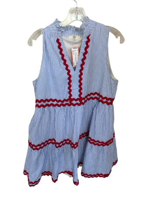 Entro Size M Blue & Red Cotton Sleeveless Striped Lace Detail V Neck Dress Blue & Red / M