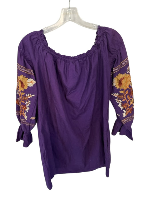 Free People Size M Purple & Brown Cotton Long Balloon Sleeve Off Shoulder Dress Purple & Brown / M