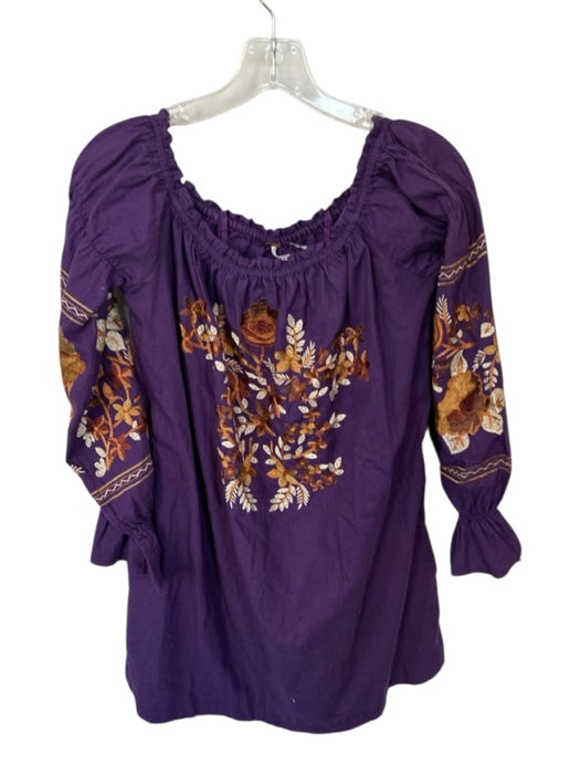 Free People Size M Purple & Brown Cotton Long Balloon Sleeve Off Shoulder Dress Purple & Brown / M
