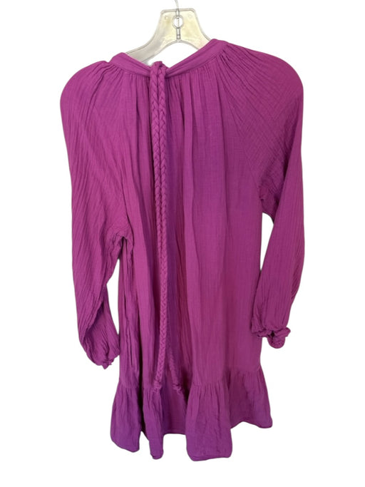 XiRENA Size M Purple Cotton Long Sleeve Gauze Button Down Rope Belt Dress Purple / M