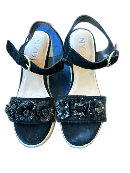 NYDJ Shoe Size 9 Black & Tan Suede Raffia Espadrille Platform Flowers Sandals Black & Tan / 9
