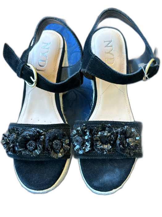 NYDJ Shoe Size 9 Black & Tan Suede Raffia Espadrille Platform Flowers Sandals Black & Tan / 9