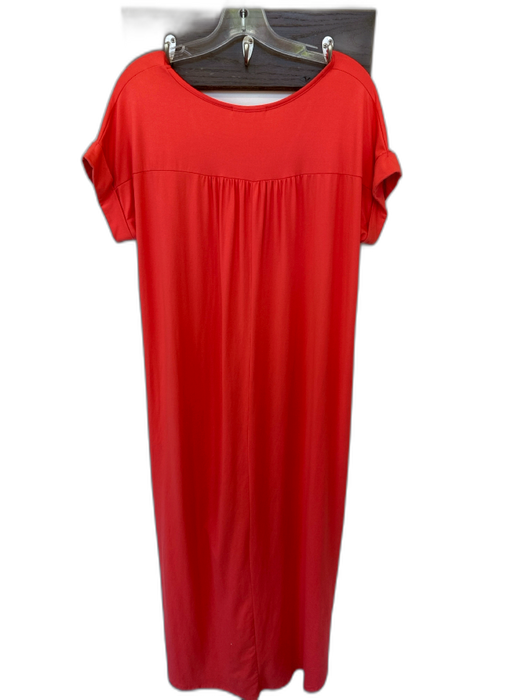 Entro Size L Orange Polyester Blend Short Sleeve V Neck Maxi Side Slits Dress Orange / L