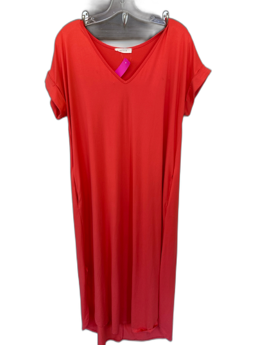 Entro Size L Orange Polyester Blend Short Sleeve V Neck Maxi Side Slits Dress Orange / L