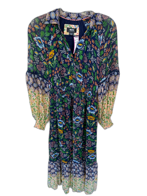 Maeve Size XS Navy & Green Polyester Long Sleeve Botanical Button Down Dress Navy & Green / XS