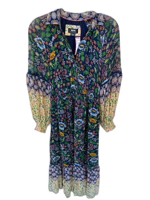 Maeve Size XS Navy & Green Polyester Long Sleeve Botanical Button Down Dress Navy & Green / XS